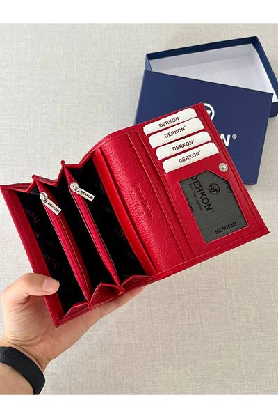 DERKON Mendy Model Useful Genuine Leather Medium Size Women's Wallet Red Color
