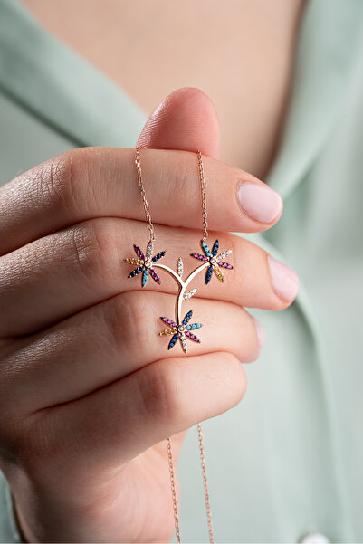 Nereze 925 Ayar Gümüş Mix Taşlı 3'Lü Kırçiçeği Kolye