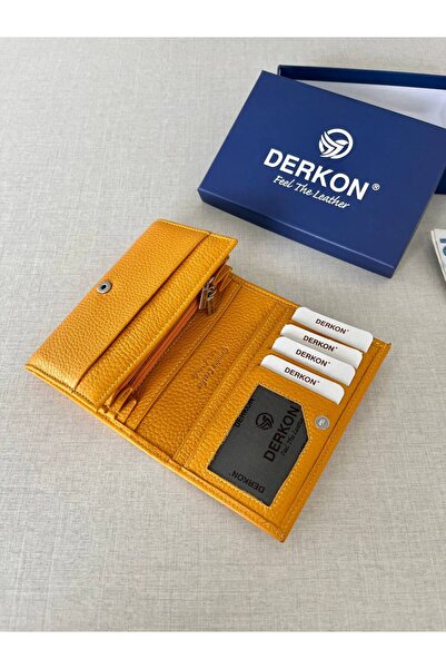 DERKON Mendy Model Useful Genuine Leather Medium Size Women's Wallet Yellow Color