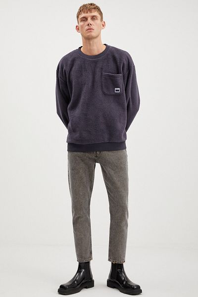 GRIMELANGE Thompson Men's Fleece Thick Textured Navy Blue Sweatshirt with Pockets and Ornamental Labels