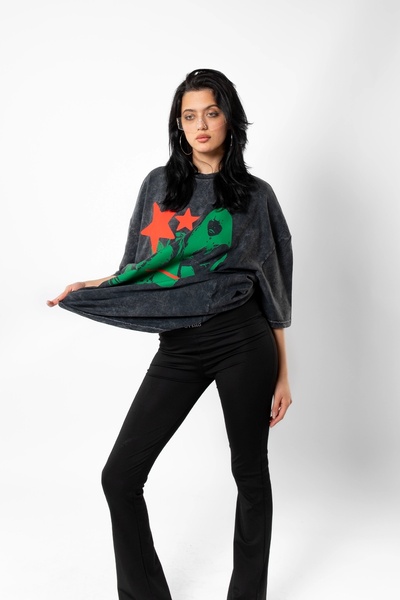 Bak Moda Μπλουζάκι Unisex με στάμπα Star Girl Washed Black Oversize