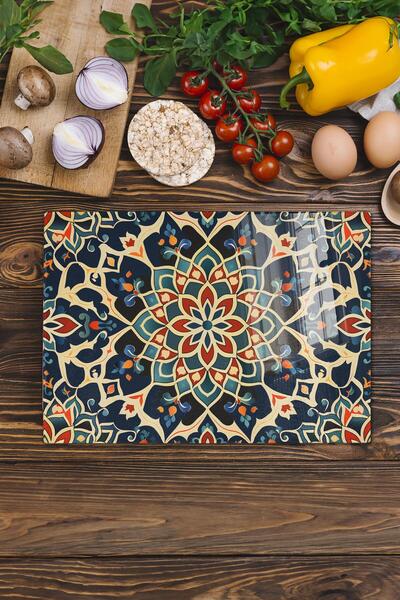Postifull Glass Cutting Board, Chopping Board, Ethnic Boho Pattern, Thick and Tempered Unbreakable Glass, 21*30cm