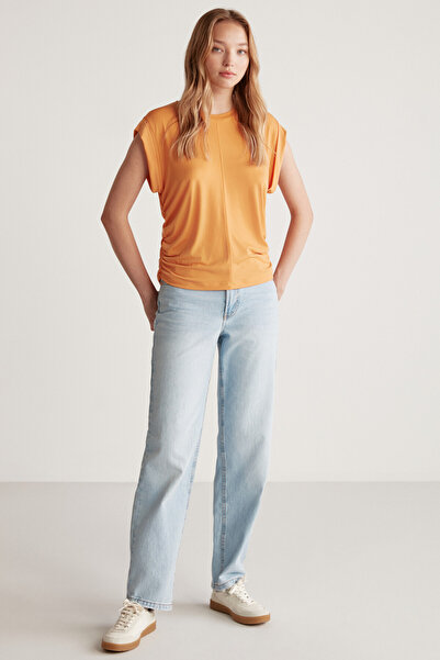 GRIMELANGE Pomarańczowa bluzka oversize damska Roberta, zwiewna, zwiewna i elastyczna tkanina