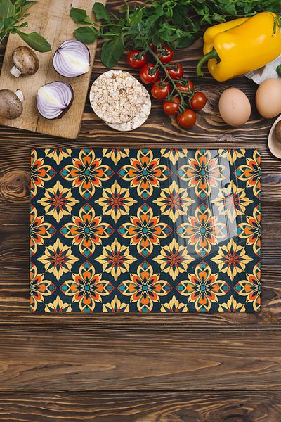 Postifull Glass Cutting Board, Chopping Board, Ethnic Boho Pattern, Thick and Tempered Unbreakable Glass, 21*30cm