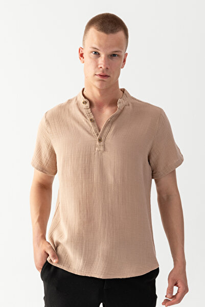 EtkiModa Men's Beige 100% Cotton Prevailing Collar Short Sleeve Regular Fit M...