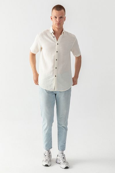 EtkiModa Ανδρικό πουκάμισο από 100% βαμβακερό κοντό μανίκι με κανονική εφαρμογή Twist μουσελίνα