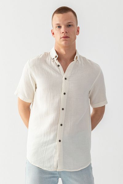 EtkiModa Ανδρικό πουκάμισο από 100% βαμβακερό κοντό μανίκι με κανονική εφαρμογή Twist μουσελίνα