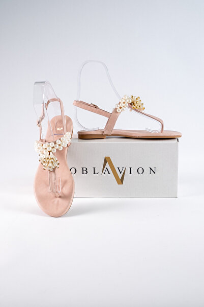 Oblavion Lavion Pembe Hakiki Deri Inci Günlük Taşlı Sandalet