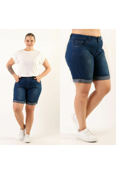 HaiModa Kadın Büyük Beden Duble Paça Kot Şort Lacivert