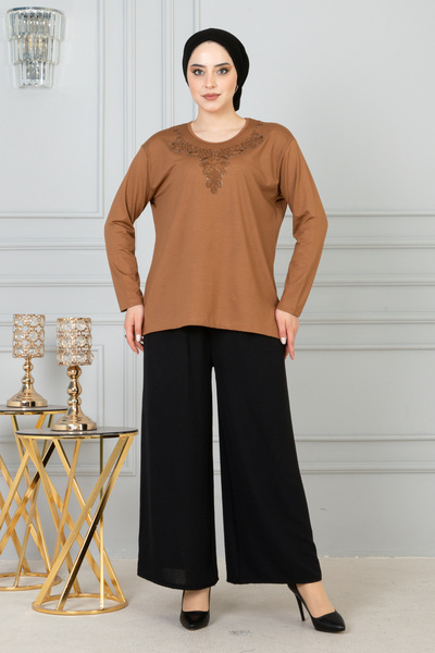 nacar çarşı بلوزة نسائية من الأم باللون البني بأكمام طويلة من الليكرا منقوشة ...