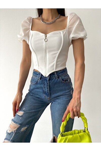 QUTTA Γυναικεία Crop κοντομάνικη μπλούζα λευκή σιφόν με φερμουάρ