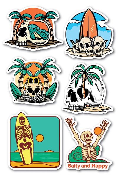 Postifull Skull Beach Sticker Set - 6 Pieces Sticker Set - Phone, Tablet, Notebook Laptop Compatible Sticker