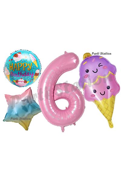 Parti Station Cake Ice Cream Concept Balloon Set for 6 Years Old Birthday - Fine Cream Candy Theme