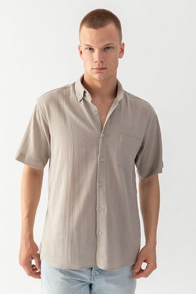 EtkiModa Ανδρικό γκρι 100% βαμβακερό υφαντό κοντό μανίκι υφασμάτινο πουκάμισο με λεπτομέρεια τσέπης