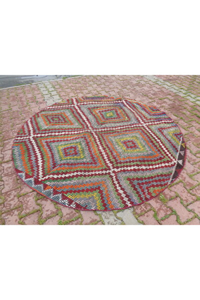 ŞAHMERDANOĞLU 215X215 Cm El Dokuması Yuvarlak Kilim- Cecim, Nakışlı Yemek Mas...