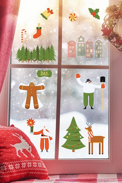 Postifull Set de autocolante de Anul Nou, ornament estetic de Anul Nou, decor de Anul Nou, autocolant pentru decorarea ușii, peretelui și sticlei
