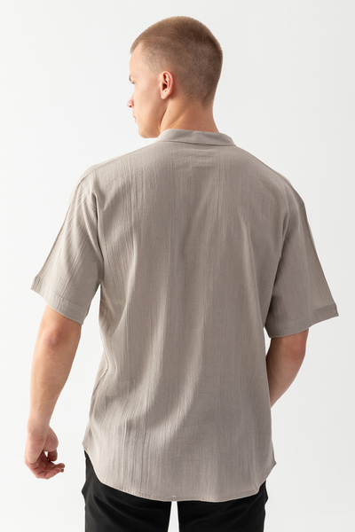 EtkiModa Men's Gray 100% Cotton Woven Prevailing Collar Short Sleeve Relaxed Fit Pocket Detailed Sile Fabric T-Shirt