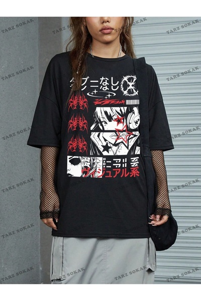 Tarzsokak Унисекс мъжка тениска с графичен принт с японски символи и форми в ...