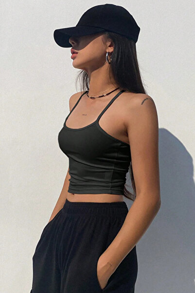 MADALİNA Women's Black Camisole Thin Strap Crop Blouse