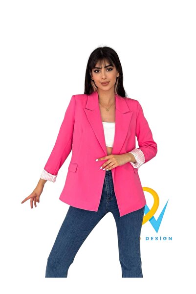 NILOO Kadın Blazer Düğmesiz Cepli Çizgili Astarlı Katlanılabilir Kol Blazer Ceket