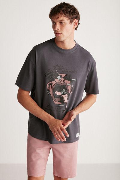 GRIMELANGE Rex Men's Oversize Fit 100% Cotton Thick Textured Printed Anthracite T-shirt