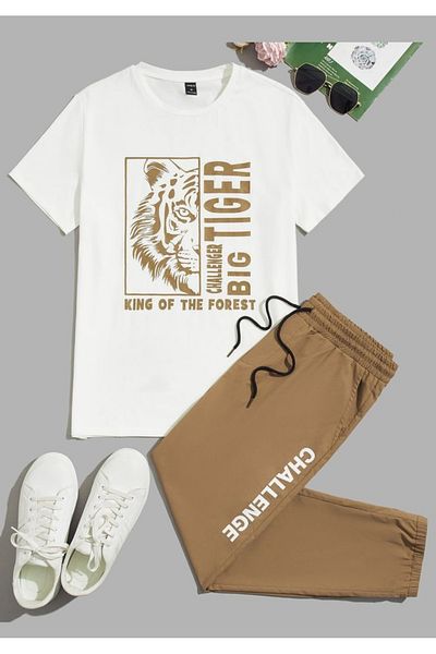 Sky Light Unisex White Printed T-Shirt - Beige Jogger Tracksuit - Summer