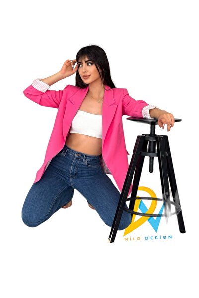 NILOO Kadın Blazer Düğmesiz Cepli Çizgili Astarlı Katlanılabilir Kol Blazer Ceket