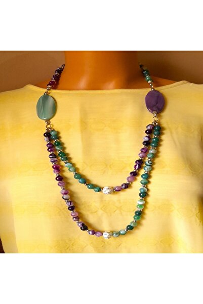 Asteria Elite Premium Serisi Yeşil Akik Mor Akik 2 Sıralı Uzun Şifa Nazar Koruması Ve Bereket Kolyesi