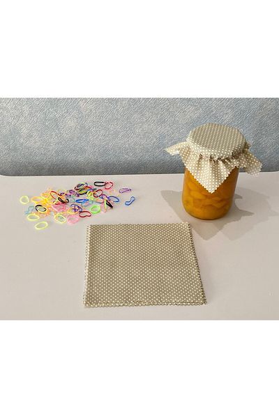AdaEsintisi 50 Pieces of Polka Dot Beige Jar Lid Fabric (Cover) and Colored Binding Rubber