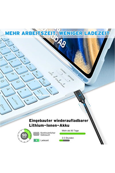 m.tk moveteck Samsung Galaxy Tab A9 8.7 İnç Uyumlu Bluetooth Özellik Standlı Kalem Bölmeli Klavyeli Kılıf SM-X110