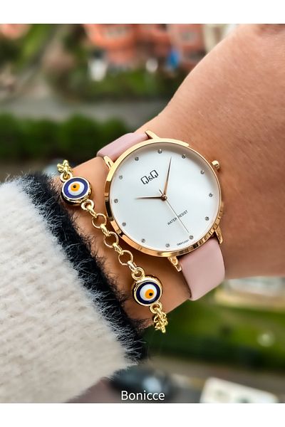 Q&Q Pink Color Brand Retro Women's Wristwatch - Waterproof and Simple Leather Cord, Rose Case + Bracelet