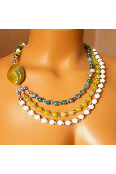 Asteria Elite Green Agate Peridot Howlite Three Row Balance, Positive Energy and Calmness Necklace