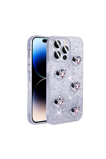 Rivor Apple iPhone 14 Pro Max Kılıf Kamera Çıkıntılı Simli Kalp Kabartmalı Ar...
