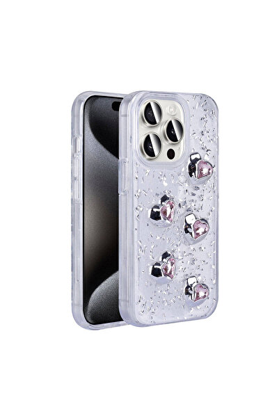 Rivor Apple iPhone 15 Pro Max Kılıf Kamera Çıkıntılı Simli Kalp Kabartmalı Ar...