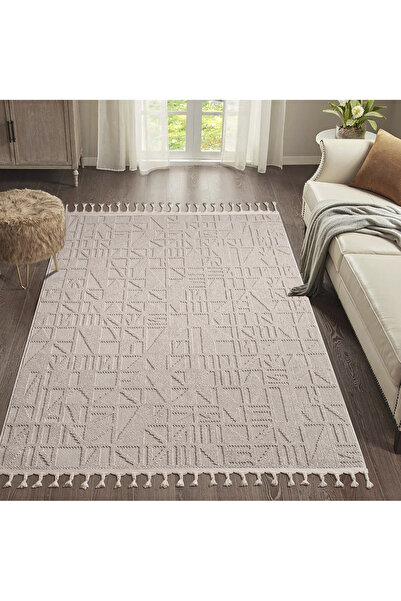 SARAZ HALI Bukle11883 Bej Yumuşak Dokulu Halı Kilim Salon Mutfak Koridor Kesme Yolluk Dokuma Makine Halısı