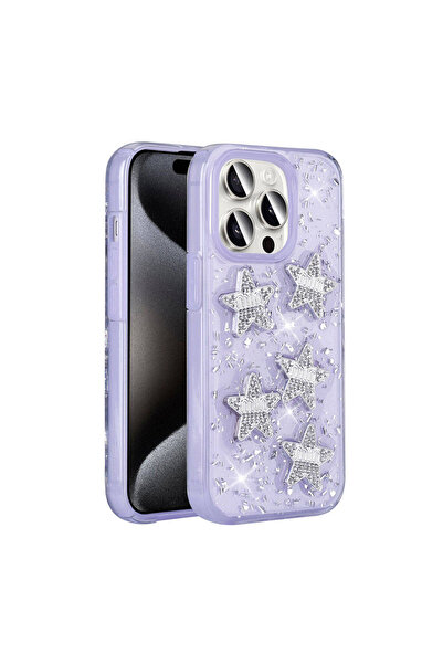 Rivor Apple iPhone 15 Pro Max Kılıf Kamera Çıkıntılı Simli Yıldız Kabartmalı ...