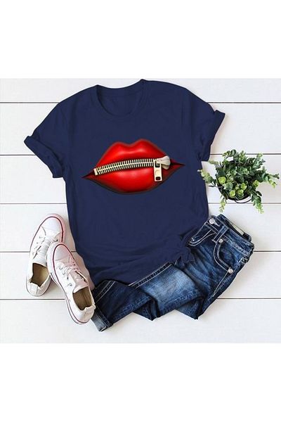 merysare Țesătură din jerseu din bumbac - Tricou imprimat cu buze de 65 cm