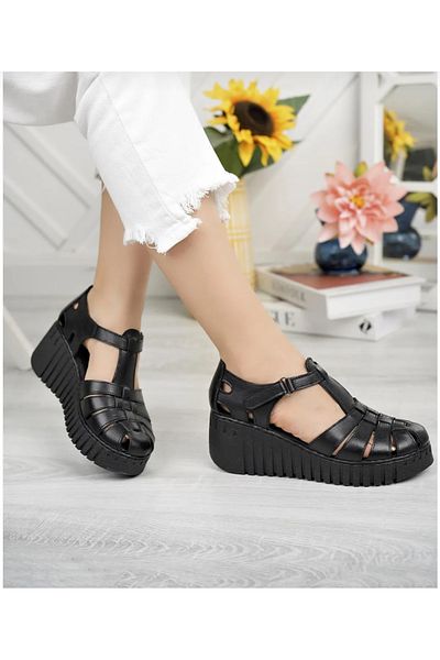 ELF GENUINE Leather Wedge Heeled Women's Daily Sandals