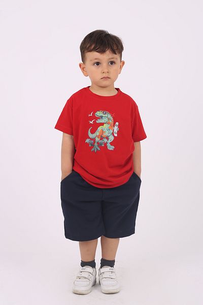 cm buseyiz Buseyiz Dinosaur Printed Cotton and Pocket Boy's Summer Top and Bottom Set 5-10 Years