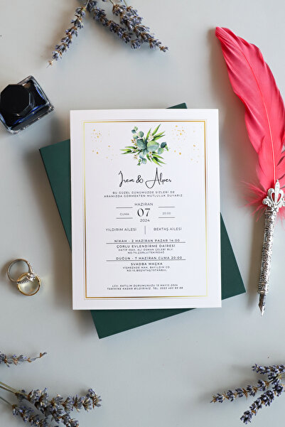 Pixel Davetiye Yeşil - 50 Adet - Yaldızlı Davetiye - Yeni - Düğün - Nişan - Kına - Sünnet - Nikah Davetiyesi - 8885