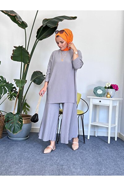 ASEL FASHİON بدلة ساندي مزدوجة مطوية باللون الرمادي