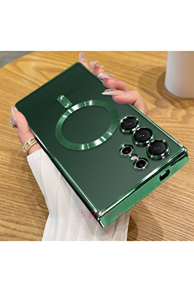 Sphone Samsung Galaxy S22 Ultra Kılıf Magsafe Manyetik Wireless Şarj Destekli Kenarı Metalik Renkli Şeffaf