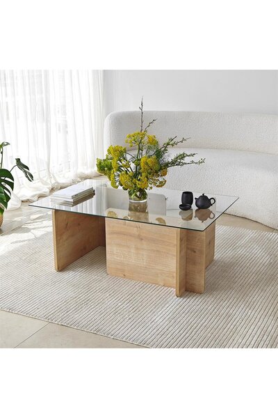Eriza Home 1023, Yeni Nesil Modern Orta Cam Sehpa, Naturel