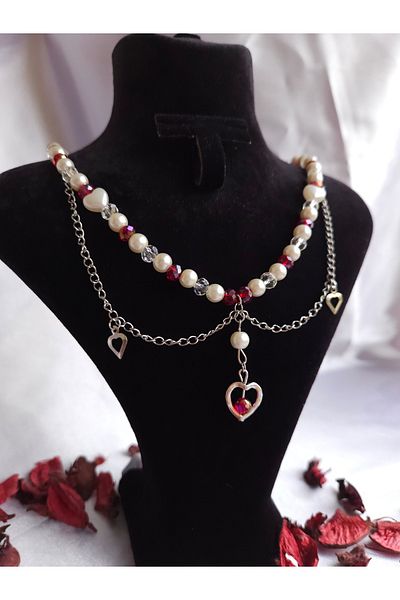 LE&DA Accessory Fairycore Special Design Pearl Necklace With Red Heart Does Not Darken