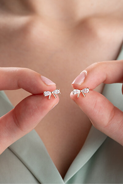 Nereze 925 Ayar Gümüş Beyaz Zirkon Taşlı Papyon Model Küpe