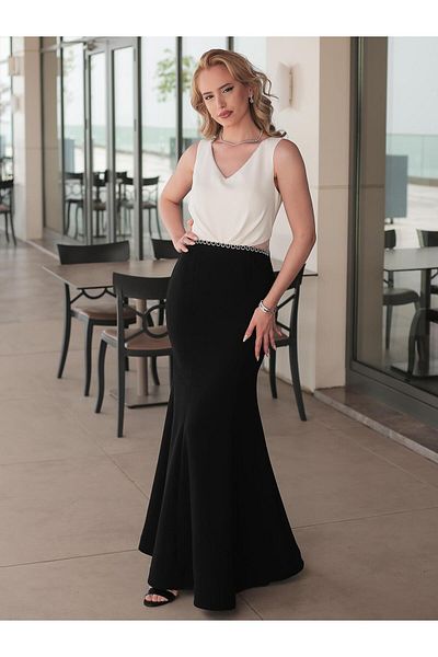 SpringStore Rochie de seară cu guler ecru negru și dungi de piatră