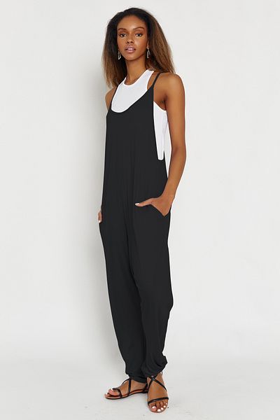 Hopoi Women's Black Back Detailed Loose Jumpsuit 25086