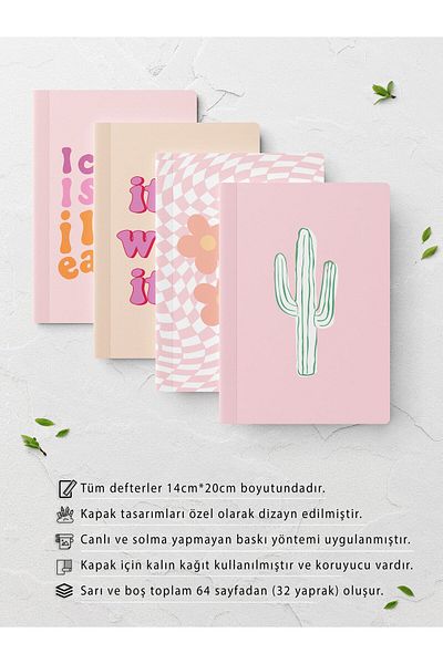 Postifull Set caiete necăptușite - roz - 4 bucăți - 14cm*20cm - 64 pagini