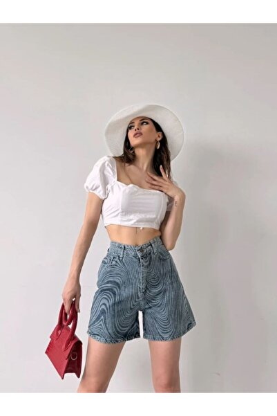 SOPHİA STAR Paçası Püsküllü Farklı Desenli Denim Şort
