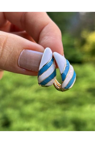 ByMerve Bym191 Gold Color U Model Oyster Style Blue White Women's Steel Earrings
